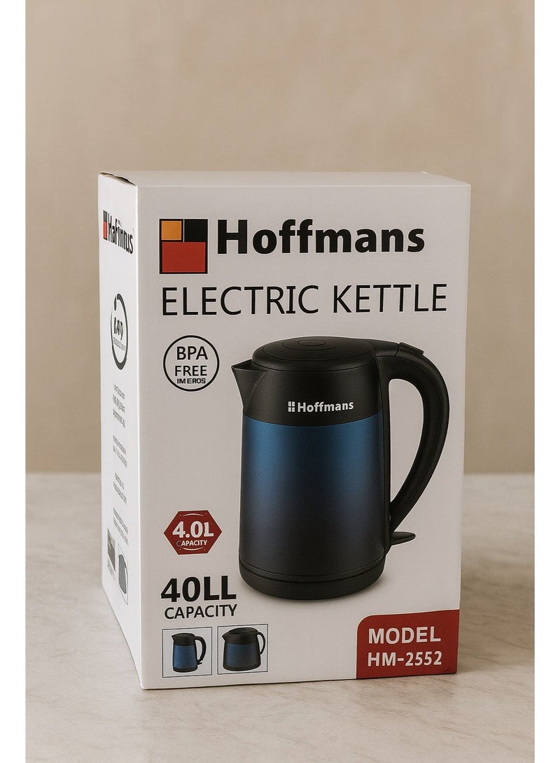 Hoffmans Electronics Electric Kettle 4L – BPA-Free Interior, High-Quality Plastic, 360° Swivel Base, Fast Boil, Durable Design – Model HM-2552 – Blue/Black - Image 3
