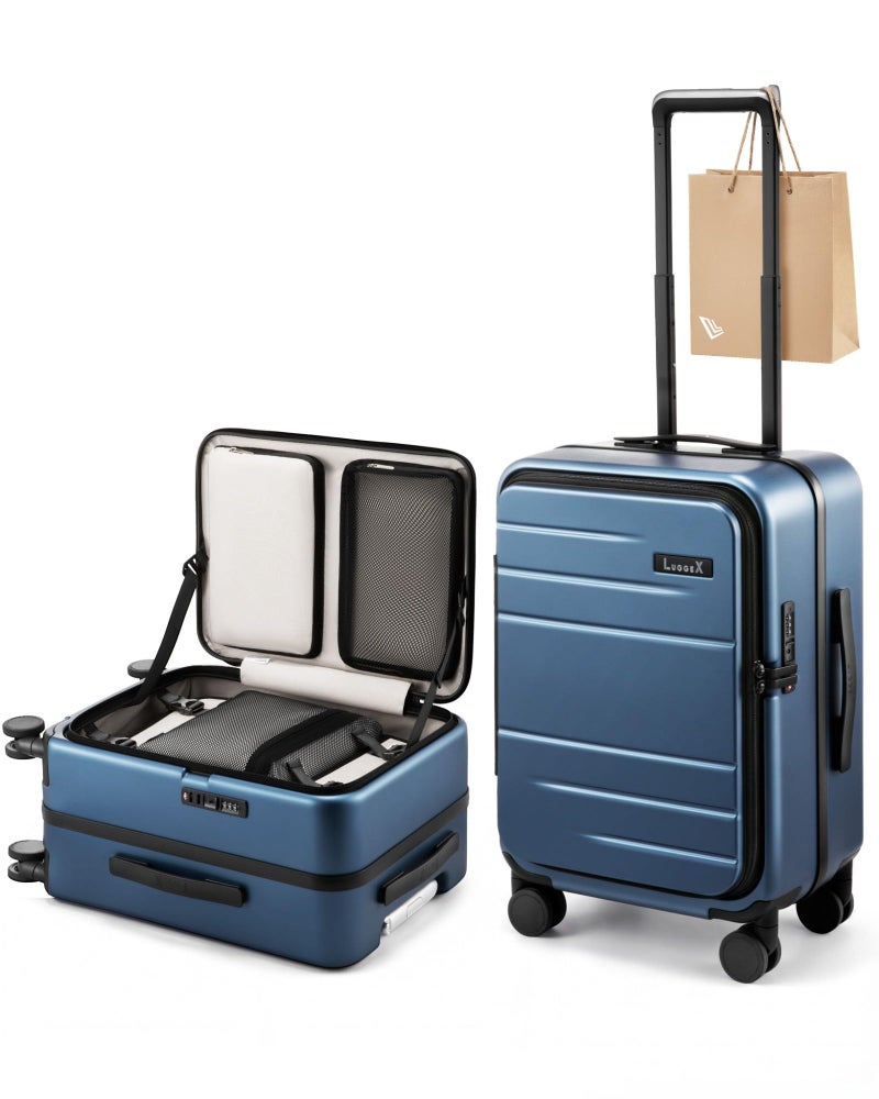 LUGGEX Carry On Luggage Top Opening, FLA Aluminum Frame Trunk Style Luggage, Polycarbonate Hard Shell Suitcase (FX-Enhance, Blue, 20 Inch, 38L) - Image 1
