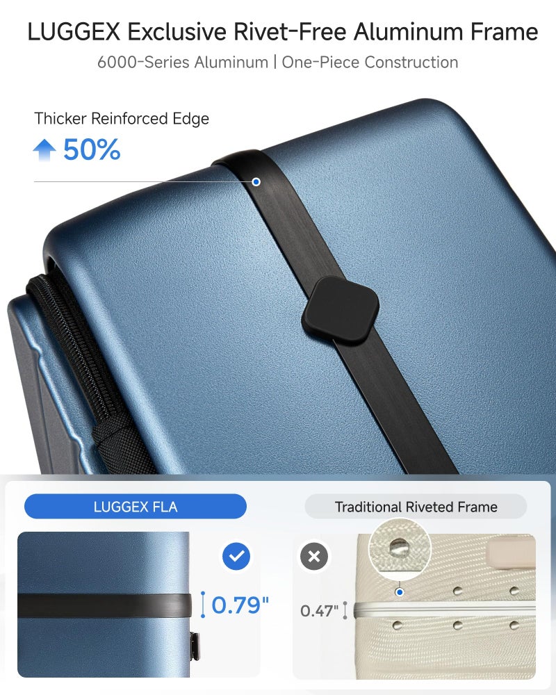 LUGGEX Carry On Luggage Top Opening, FLA Aluminum Frame Trunk Style Luggage, Polycarbonate Hard Shell Suitcase (FX-Enhance, Blue, 20 Inch, 38L) - Image 3