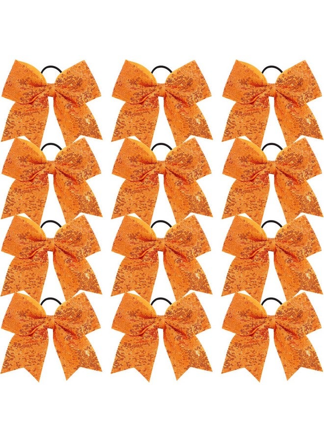 Jeffan 12 Pcs Large Glitter Cheer Bows Ponytail Holder Girls Elastic Hair Ties 8" Big Hair Bows Sports Cheerleaders Accessories for Teens Women Cheerleader Girls (Orange) - Image 1