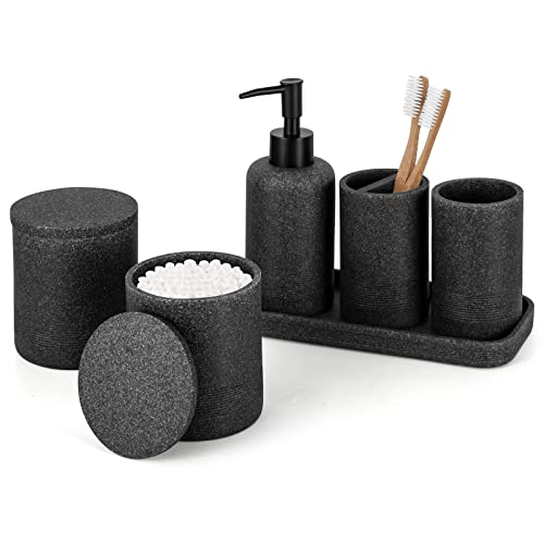 ZCCZ Black Bathroom Accessories Set 6 Pcs- Toothbrush Holder, Lotion Dispenser, 2 Qtip Container, Vanity Tray, Tumbler for Countertop Organizer - Modern Bathroom Decor and Storage Solution - Image 1