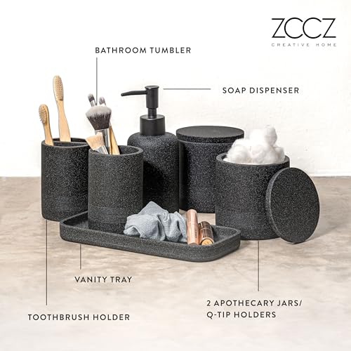 ZCCZ Black Bathroom Accessories Set 6 Pcs- Toothbrush Holder, Lotion Dispenser, 2 Qtip Container, Vanity Tray, Tumbler for Countertop Organizer - Modern Bathroom Decor and Storage Solution - Image 3