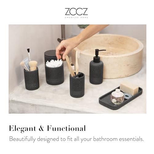 ZCCZ Black Bathroom Accessories Set 6 Pcs- Toothbrush Holder, Lotion Dispenser, 2 Qtip Container, Vanity Tray, Tumbler for Countertop Organizer - Modern Bathroom Decor and Storage Solution - Image 2