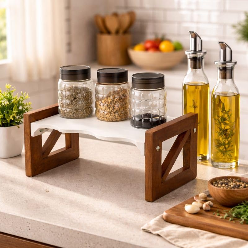 Kundi Versatile Wooden Triangular Spice Rack - 2-Tier Kitchen Countertop Organizer with Jars & Bottles Holder | Stylish Kitchen Storage & Décor (Single Tier) - Image 5