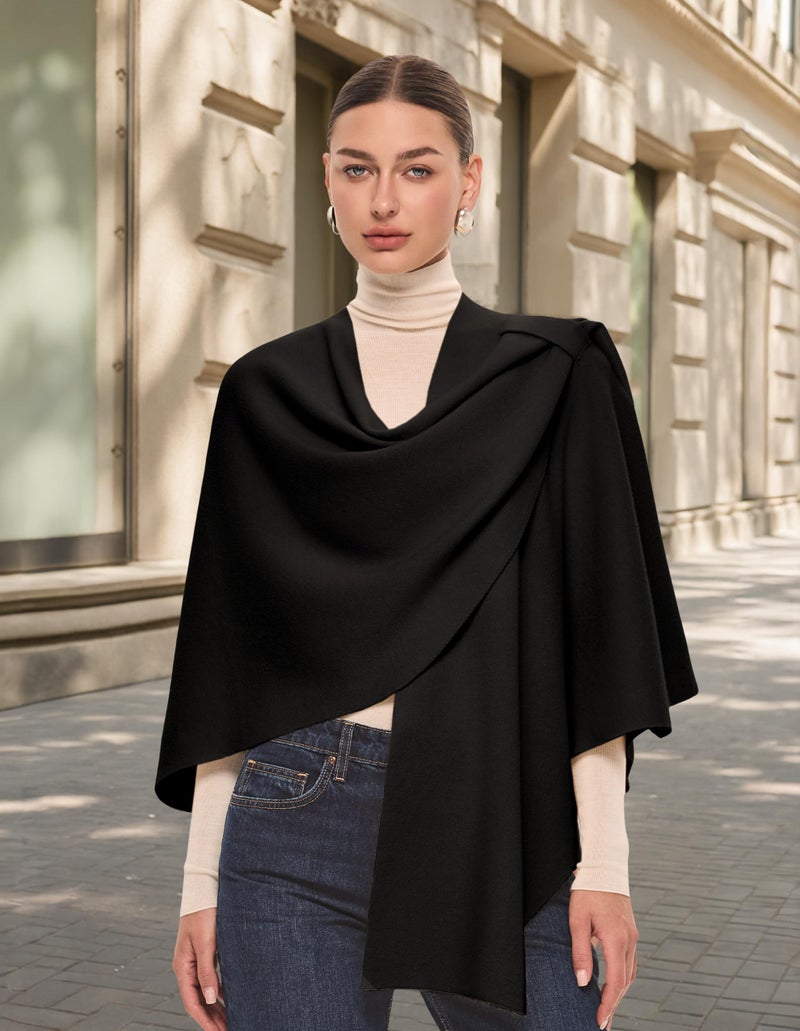 Puli بولي سترة بونشو نسائية سوداء كبيرة بواجهة متقاطعة، غلاف أنيق محبوك، شالات كيب لخريف وشتاء - Image 3
