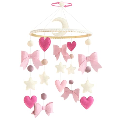 Teeloray Baby Mobile for Crib Pink Bow Baby Crib Mobile for Girls Handmade Coquette Bow Nursery Decor for Infant Bedroom Hanging Pink Girls Room Decor for Bassinet Gender Reveal Newborn Gifts - Image 1