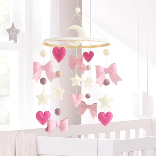 Teeloray Baby Mobile for Crib Pink Bow Baby Crib Mobile for Girls Handmade Coquette Bow Nursery Decor for Infant Bedroom Hanging Pink Girls Room Decor for Bassinet Gender Reveal Newborn Gifts - Image 2