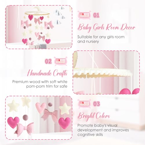 Teeloray Baby Mobile for Crib Pink Bow Baby Crib Mobile for Girls Handmade Coquette Bow Nursery Decor for Infant Bedroom Hanging Pink Girls Room Decor for Bassinet Gender Reveal Newborn Gifts - Image 5