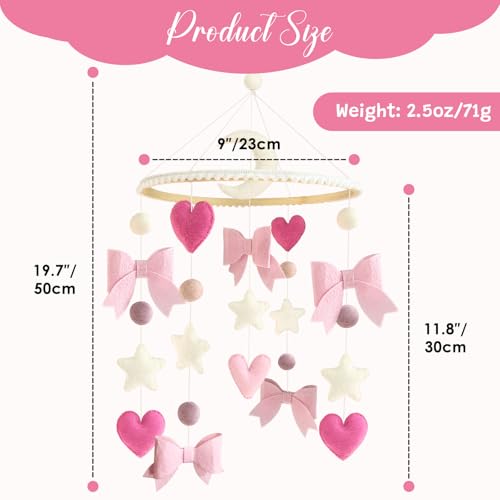 Teeloray Baby Mobile for Crib Pink Bow Baby Crib Mobile for Girls Handmade Coquette Bow Nursery Decor for Infant Bedroom Hanging Pink Girls Room Decor for Bassinet Gender Reveal Newborn Gifts - Image 4