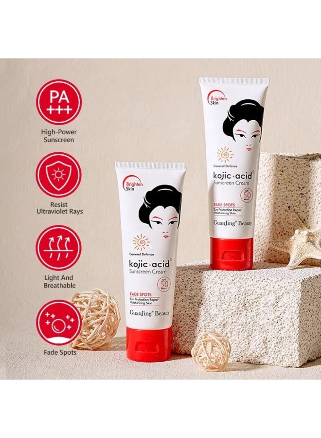 GUANJING كريم واقي شمس بحمض الكوجيك مع SPF 50 PA+++ 80غ لتفتيح البقع الداكنة وحماية من الشمس وإصلاح وترطيب البشرة وحماية من أضرار UVA/UVB وترطيب للبشرة للنساء والرجال - Image 3