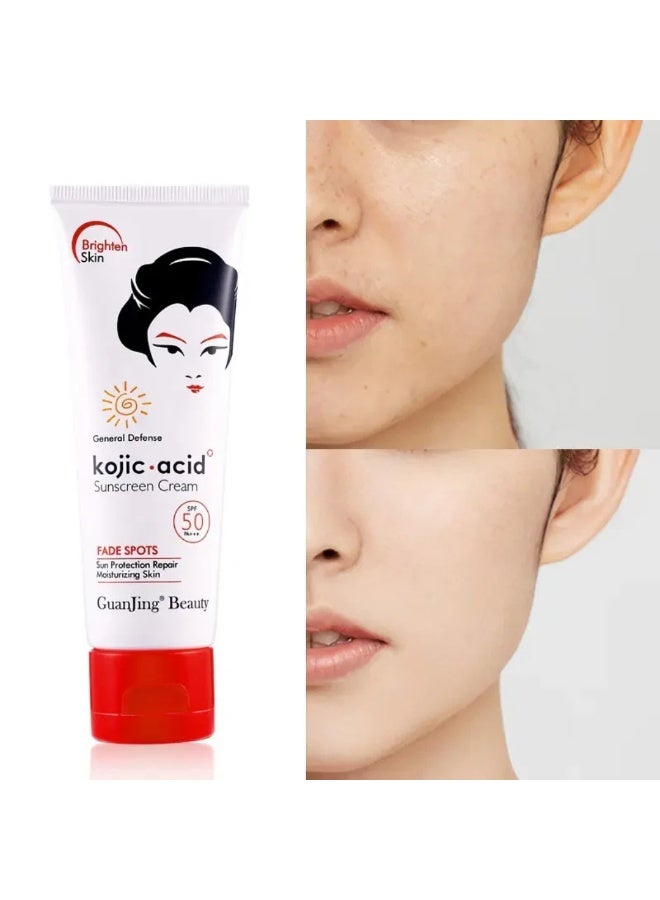 GUANJING كريم واقي شمس بحمض الكوجيك مع SPF 50 PA+++ 80غ لتفتيح البقع الداكنة وحماية من الشمس وإصلاح وترطيب البشرة وحماية من أضرار UVA/UVB وترطيب للبشرة للنساء والرجال - Image 2