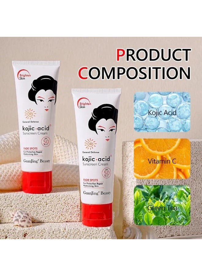 GUANJING كريم واقي شمس بحمض الكوجيك مع SPF 50 PA+++ 80غ لتفتيح البقع الداكنة وحماية من الشمس وإصلاح وترطيب البشرة وحماية من أضرار UVA/UVB وترطيب للبشرة للنساء والرجال - Image 4