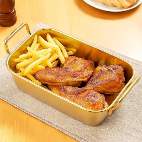 VALAJOGI Stainless Steel Rectangular Baking Tray with Handles – Oven-Safe Platter for Baking Lasagna, Desserts, Cakes, Brownies, Salad, Snacks, Golden Appetizers Serving Dish - Image 4