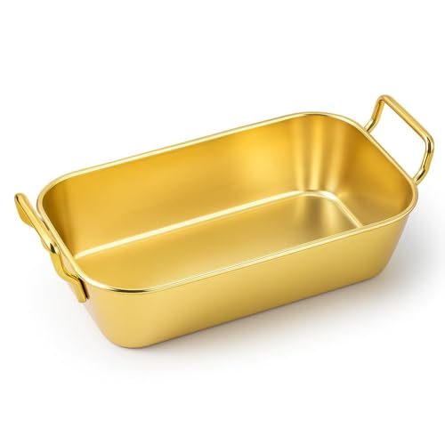 VALAJOGI Stainless Steel Rectangular Baking Tray with Handles – Oven-Safe Platter for Baking Lasagna, Desserts, Cakes, Brownies, Salad, Snacks, Golden Appetizers Serving Dish - Image 1