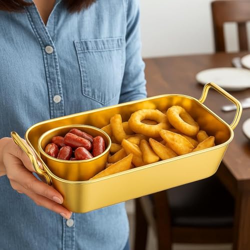 VALAJOGI Stainless Steel Rectangular Baking Tray with Handles – Oven-Safe Platter for Baking Lasagna, Desserts, Cakes, Brownies, Salad, Snacks, Golden Appetizers Serving Dish - Image 3