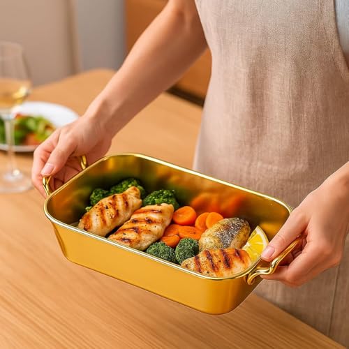 VALAJOGI Stainless Steel Rectangular Baking Tray with Handles – Oven-Safe Platter for Baking Lasagna, Desserts, Cakes, Brownies, Salad, Snacks, Golden Appetizers Serving Dish - Image 5