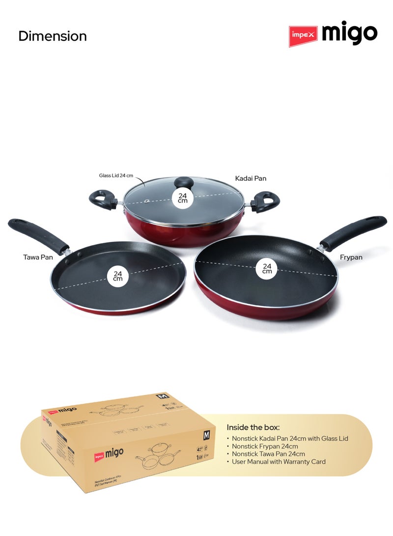 4-Piece Cookware Set Aluminum 5-Layer Super Granite Non-Stick Coated, Kadai Pan With Tempered Glass Lid, Tawa Pan, Frypan,  PFOA Free FKT Maroon