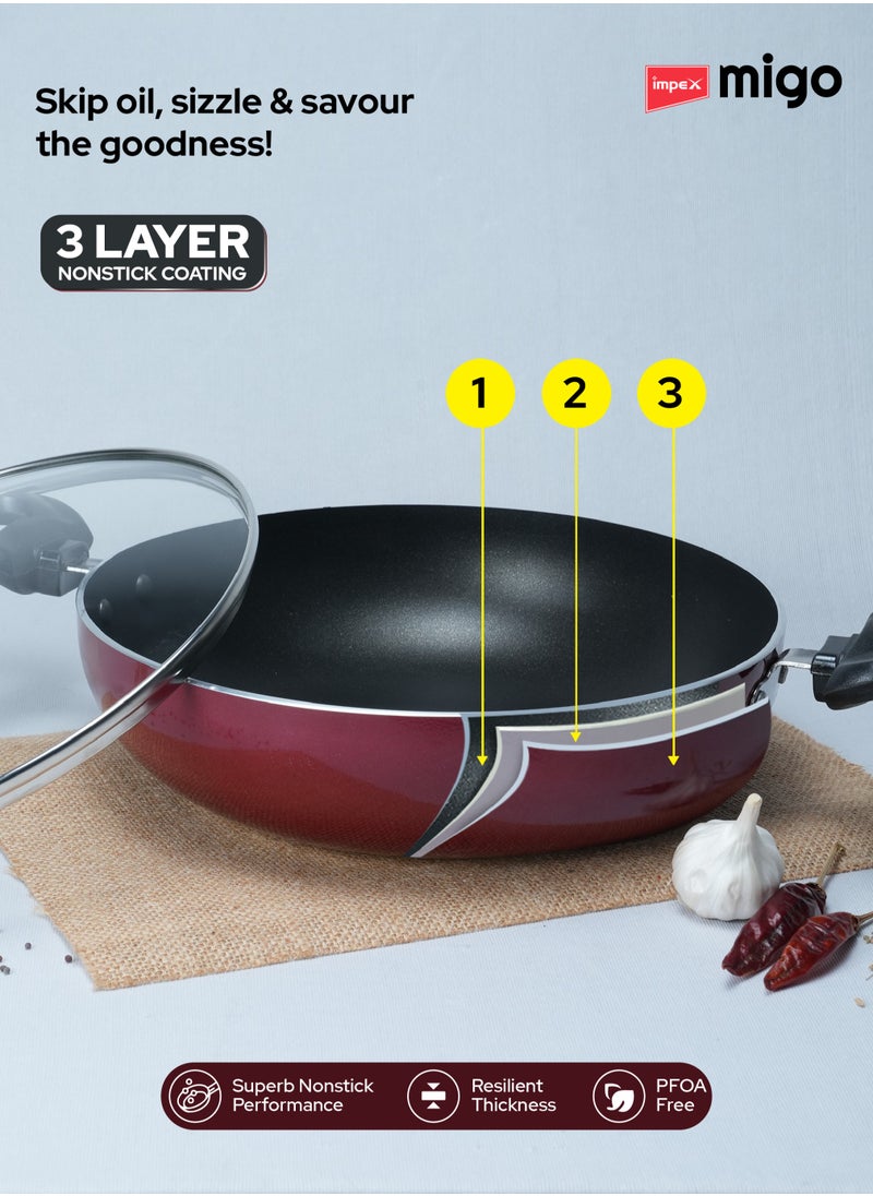 Impex 4-Piece Cookware Set Aluminum 5-Layer Super Granite Non-Stick Coated, Kadai Pan With Tempered Glass Lid, Tawa Pan, Frypan,  PFOA Free FKT Maroon  - Image 3