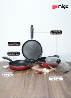 Impex 4-Piece Cookware Set Aluminum 5-Layer Super Granite Non-Stick Coated, Kadai Pan With Tempered Glass Lid, Tawa Pan, Frypan,  PFOA Free FKT Maroon  - Image 4