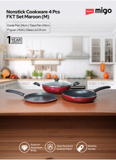 Impex 4-Piece Cookware Set Aluminum 5-Layer Super Granite Non-Stick Coated, Kadai Pan With Tempered Glass Lid, Tawa Pan, Frypan,  PFOA Free FKT Maroon  - Image 2