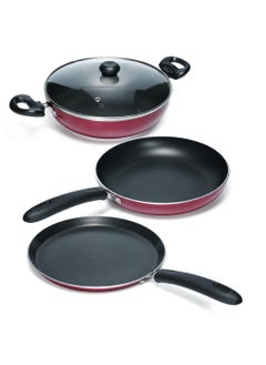Impex 4-Piece Cookware Set Aluminum 5-Layer Super Granite Non-Stick Coated, Kadai Pan With Tempered Glass Lid, Tawa Pan, Frypan,  PFOA Free FKT Maroon  - Image 1