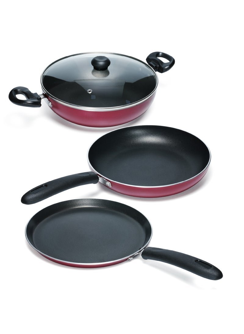 Impex 4-Piece Cookware Set Aluminum 5-Layer Super Granite Non-Stick Coated, Kadai Pan With Tempered Glass Lid, Tawa Pan, Frypan,  PFOA Free FKT Maroon  - Image 1