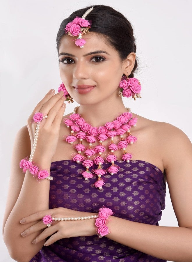 Efulgenz Indian Floral Haldi Mehandi Jewelry Set for Women Necklace Earrings Maangtikka Bracelet Set Flower Haldi Mehandi Jewelry Bollywood Bridal Wedding Jewelry - Image 3