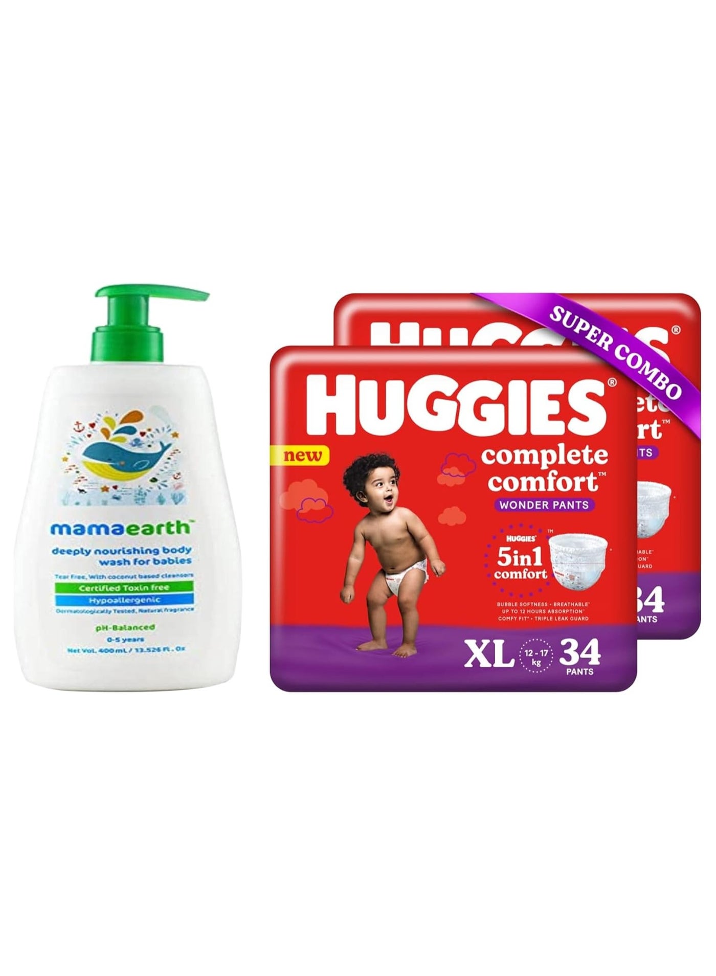 Huggies Complete Comfort Wonder Pants, Extra Large (XL) Size Baby Diaper Pants, Combo Pack of 2, 34 count Per Pack, (68 count) & Mamaearth Deeply nourishing natural baby wash (400 ml, 0-5 Yrs)