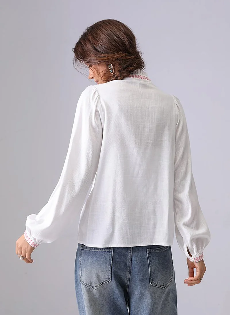YUNIQEE Off White Band Collar Puff Sleeves Relaxed Fit Shirt