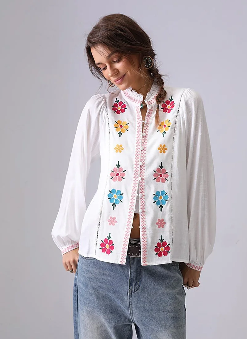 YUNIQEE Off White Band Collar Puff Sleeves Relaxed Fit Shirt