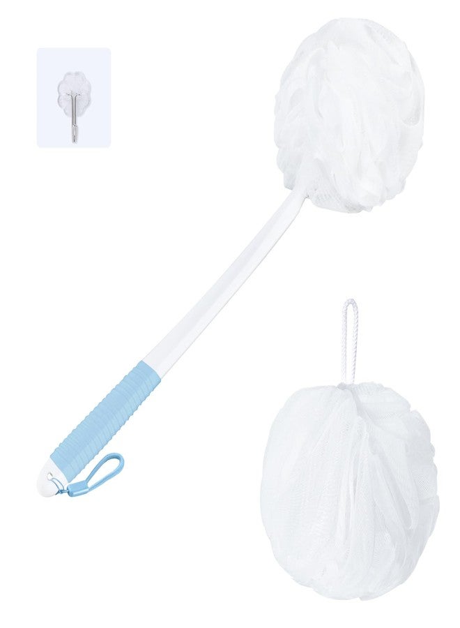 VANZAVANZU Loofah Sponge Set Back Scrubber for Shower, Anti-Slip Plastic 17" Handle Loofah on a Stick with Fluffy Shower Sponge, PE Soft Mesh Shower Loofahs-White with Blue Grip - Image 1
