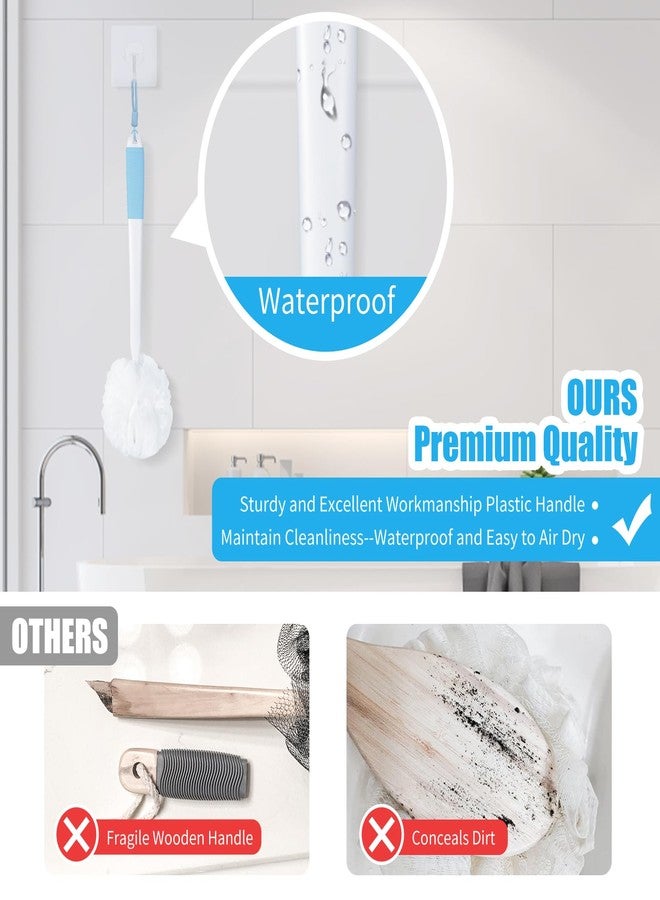 VANZAVANZU Loofah Sponge Set Back Scrubber for Shower, Anti-Slip Plastic 17" Handle Loofah on a Stick with Fluffy Shower Sponge, PE Soft Mesh Shower Loofahs-White with Blue Grip - Image 2