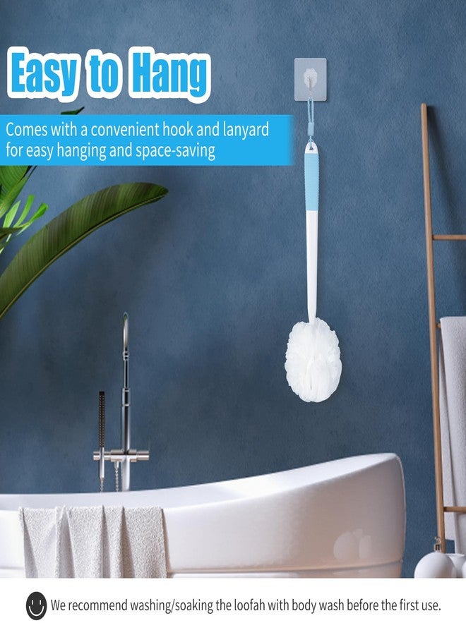 VANZAVANZU Loofah Sponge Set Back Scrubber for Shower, Anti-Slip Plastic 17" Handle Loofah on a Stick with Fluffy Shower Sponge, PE Soft Mesh Shower Loofahs-White with Blue Grip - Image 5