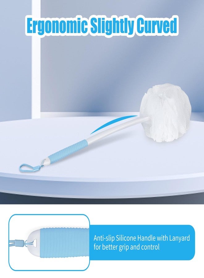 VANZAVANZU Loofah Sponge Set Back Scrubber for Shower, Anti-Slip Plastic 17" Handle Loofah on a Stick with Fluffy Shower Sponge, PE Soft Mesh Shower Loofahs-White with Blue Grip - Image 3