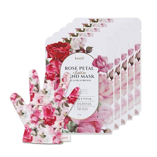 Koelf koelf PETITFEE Rose Petal Satin Hand Mask (5pairs) - Intensive Nourishing, Moisturizing Gloves, Rose Scented Hand Repair Masks with Peptide, Collagen, Shea Butter for Silky Smooth Hand, Hand Treatment 