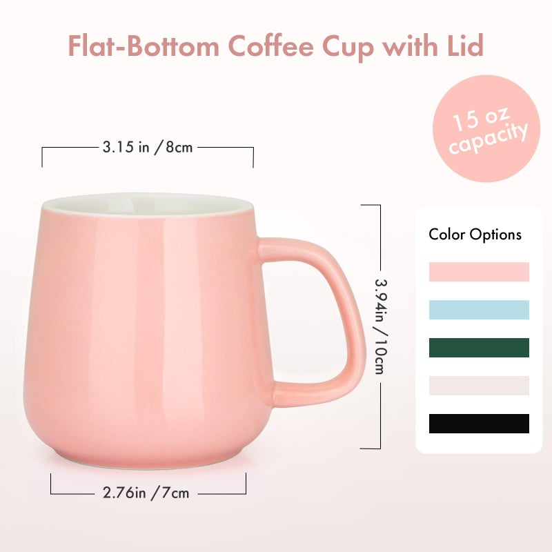 VOBAGA 15oz Ceramic Coffee Mug with Lid and Flat-Bottom, Morning Coffee Mug for Daily Use Warming Coffee & Tea (Pink) - Image 2