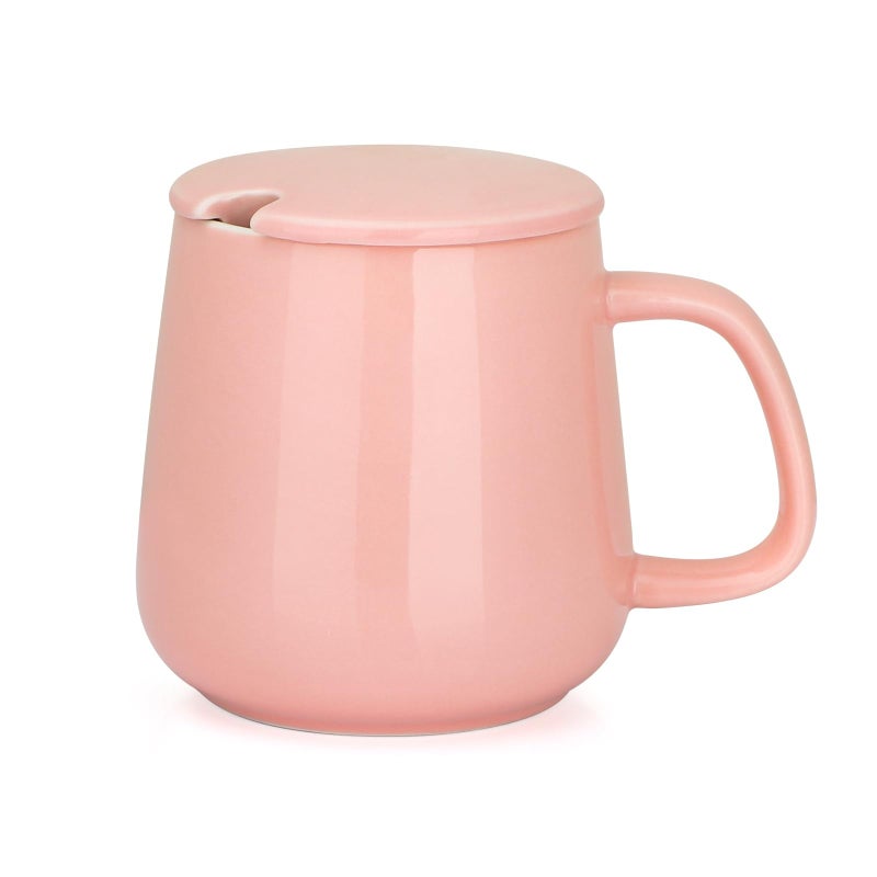 VOBAGA 15oz Ceramic Coffee Mug with Lid and Flat-Bottom, Morning Coffee Mug for Daily Use Warming Coffee & Tea (Pink) - Image 1