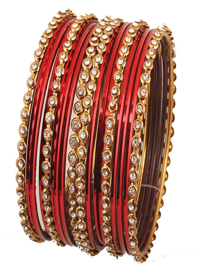 Touchstone Colorful Bangle Collection Indian Bollywood Alloy Metal and Textured Lipstick Red Designer Jewelry Bangle Bracelets. Set of 18. in Antique Gold Tone for Women. - Image 1