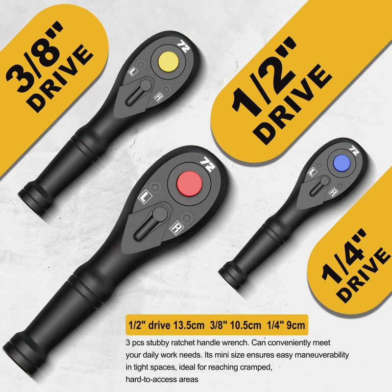 Aiourx 3PCS Stubby Ratchet Set, 1/4'', 3/8'', 1/2'' Drive Mini Ratchet Handle, 72-Tooth Quick Release Reversible Socket Wrench, CR-V Steel, Mechanical Maintenance, Bicycle Repair, DIYer - Image 2