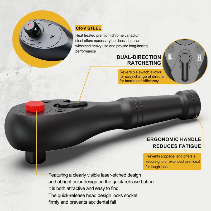 Aiourx 3PCS Stubby Ratchet Set, 1/4'', 3/8'', 1/2'' Drive Mini Ratchet Handle, 72-Tooth Quick Release Reversible Socket Wrench, CR-V Steel, Mechanical Maintenance, Bicycle Repair, DIYer - Image 4
