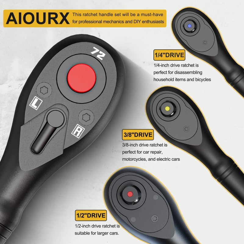 Aiourx 3PCS Stubby Ratchet Set, 1/4'', 3/8'', 1/2'' Drive Mini Ratchet Handle, 72-Tooth Quick Release Reversible Socket Wrench, CR-V Steel, Mechanical Maintenance, Bicycle Repair, DIYer - Image 3