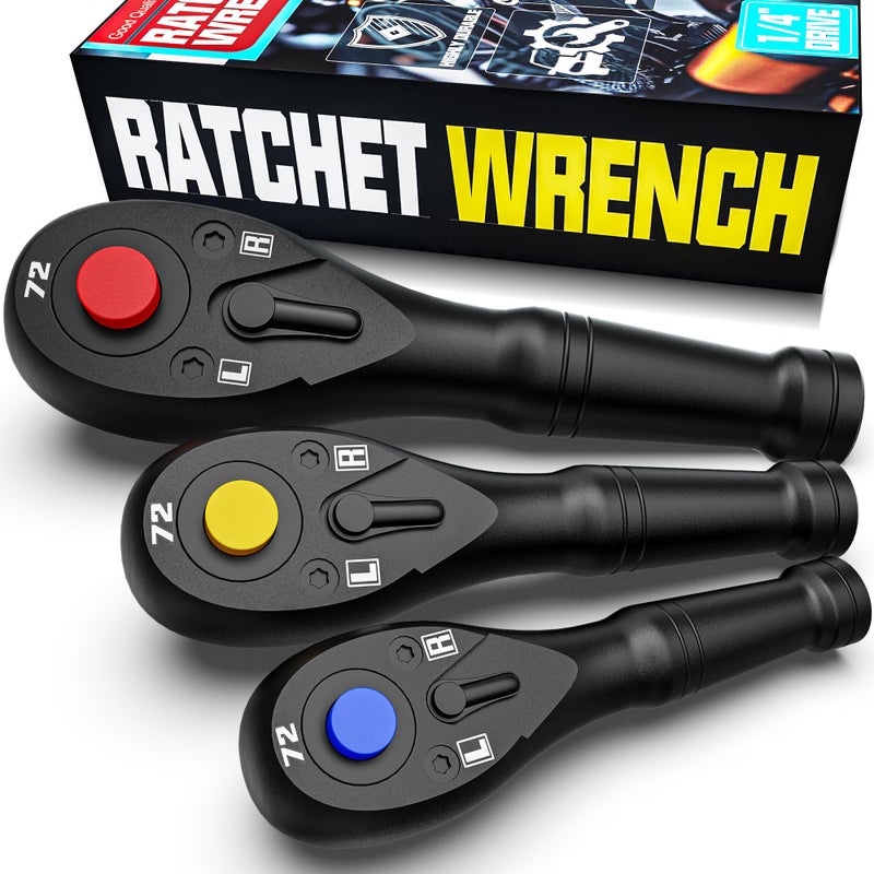 Aiourx 3PCS Stubby Ratchet Set, 1/4'', 3/8'', 1/2'' Drive Mini Ratchet Handle, 72-Tooth Quick Release Reversible Socket Wrench, CR-V Steel, Mechanical Maintenance, Bicycle Repair, DIYer - Image 1