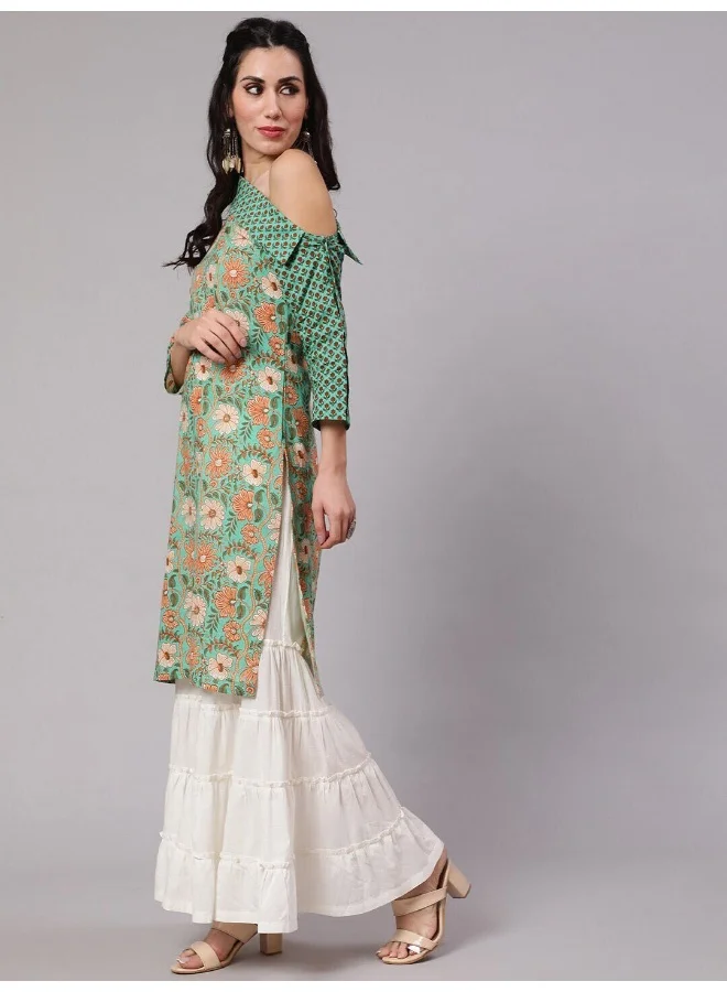 AKS Green Floral Print One Shoulder Kurta