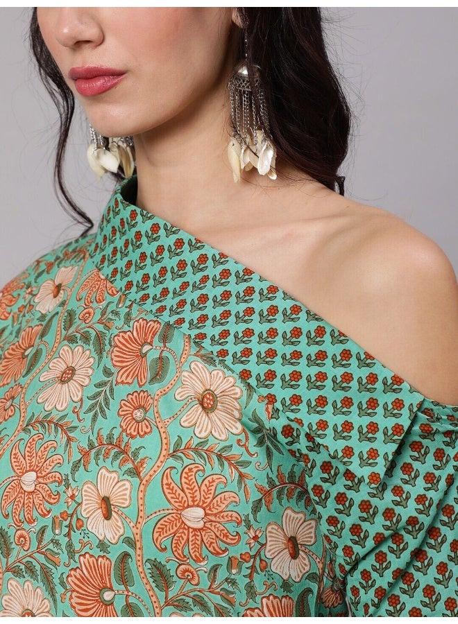 AKS Green Floral Print One Shoulder Kurta - Image 2