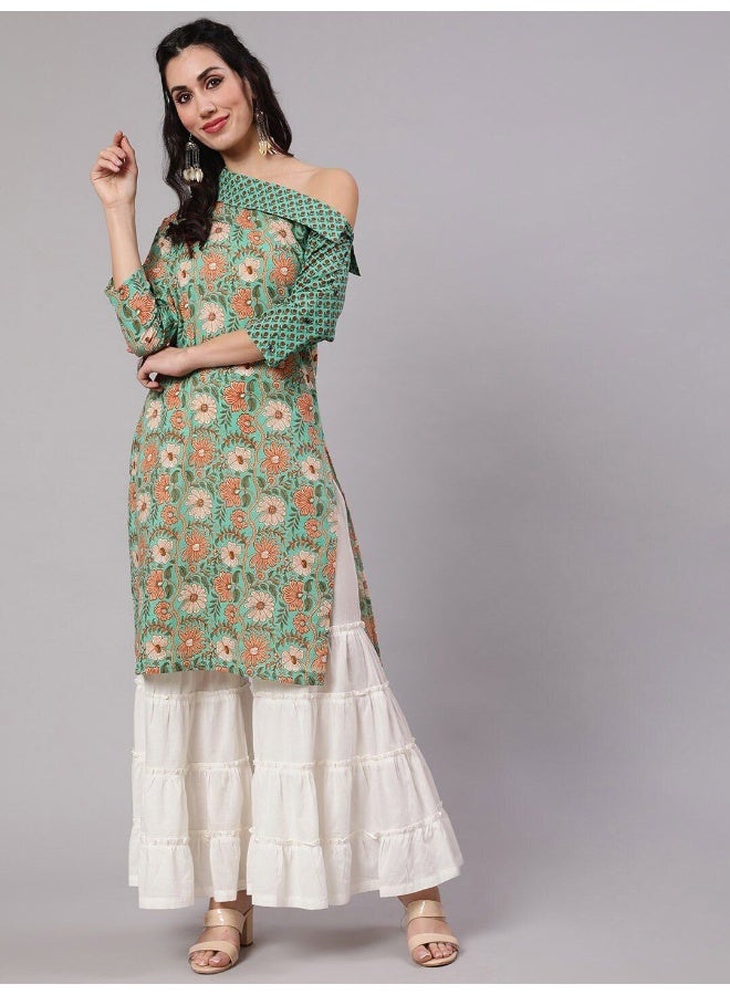AKS Green Floral Print One Shoulder Kurta - Image 1