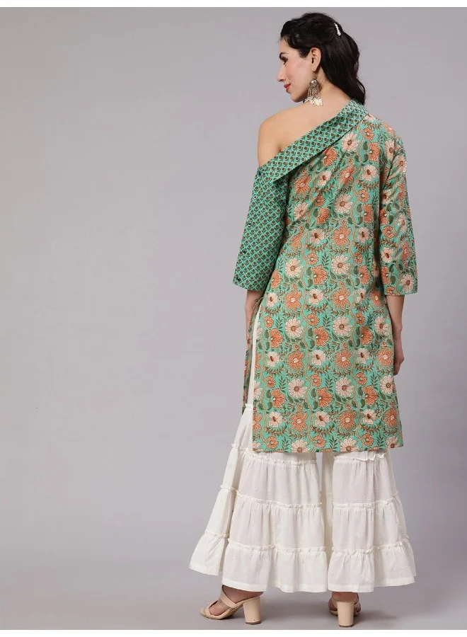 AKS Green Floral Print One Shoulder Kurta