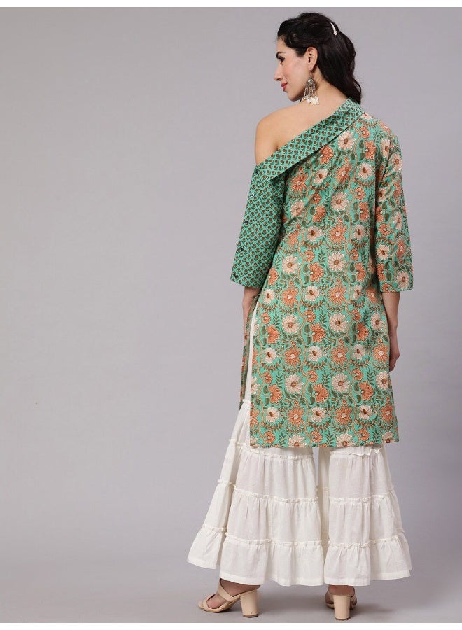 AKS Green Floral Print One Shoulder Kurta - Image 4