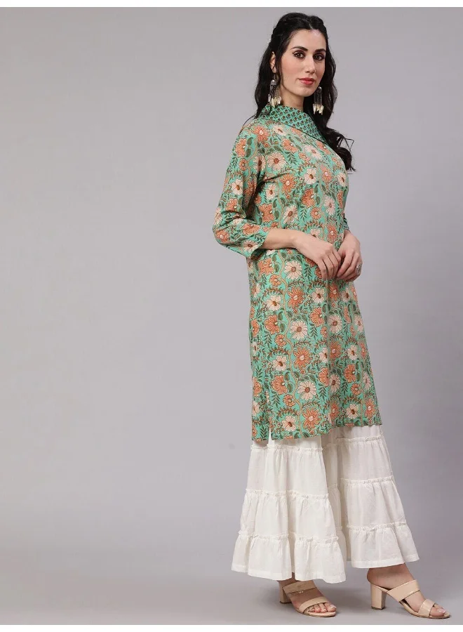 AKS Green Floral Print One Shoulder Kurta