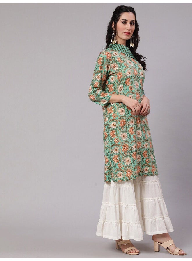 AKS Green Floral Print One Shoulder Kurta - Image 3