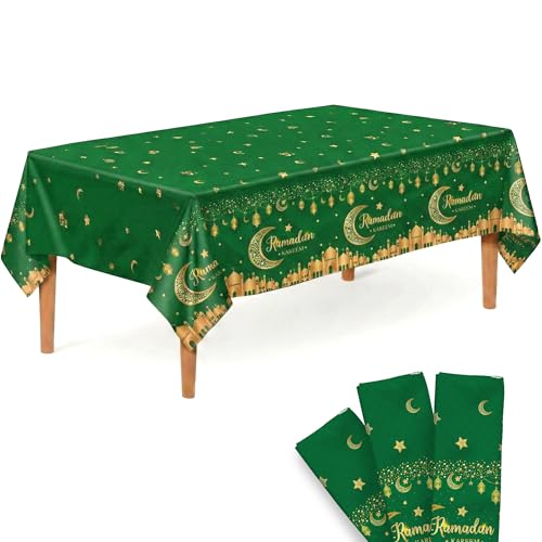 KatchOn Green Ramadan Table Cloth 108x54 Inch Pack of 3 Ramadan Decorations Star and Moon Table Cover for Ramadan Kareem Decor Plastic Table Cloth Disposable - Image 1